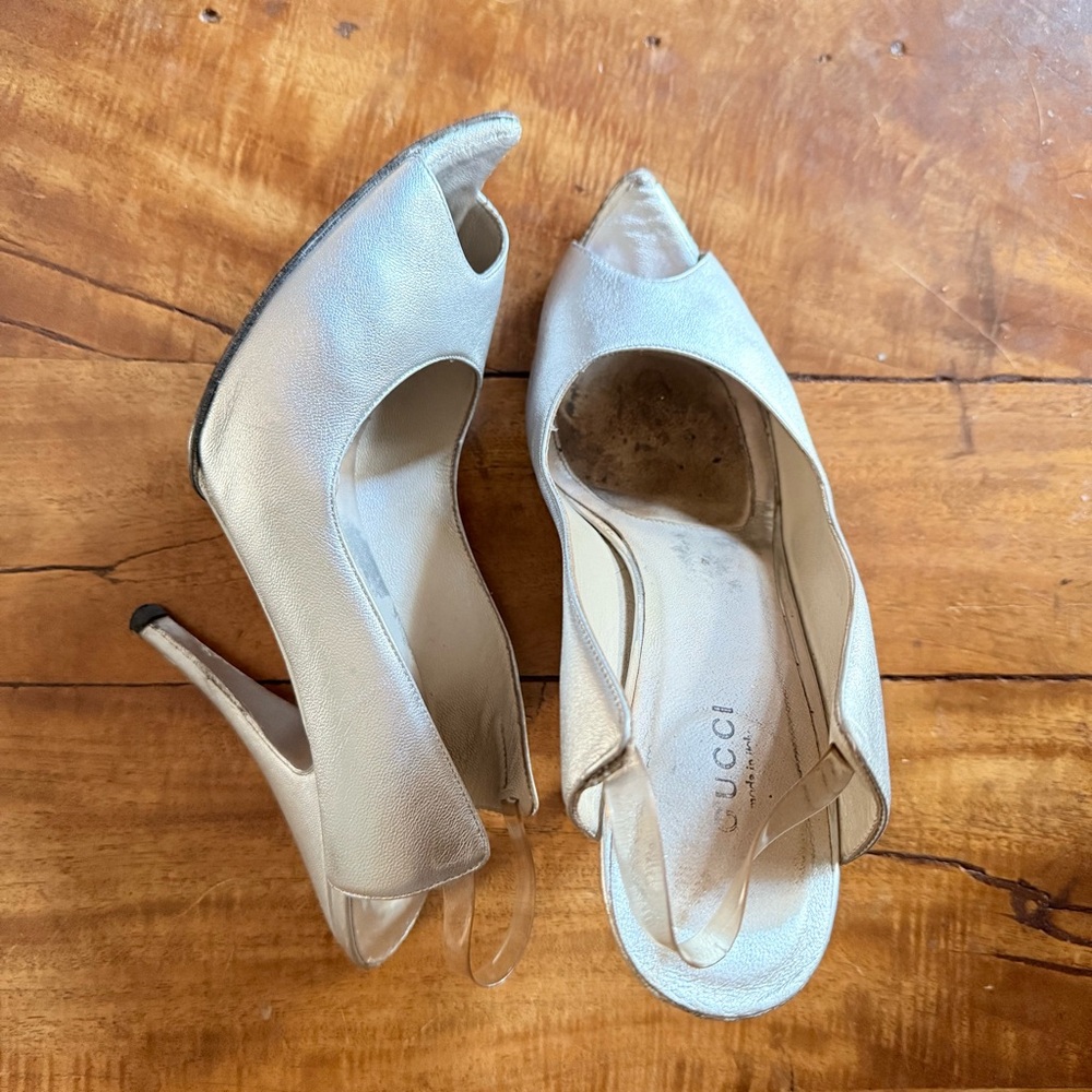 Vintage Gucci Silver Leather Slingback Heels – Size 7.5 - Picture 3 of 16